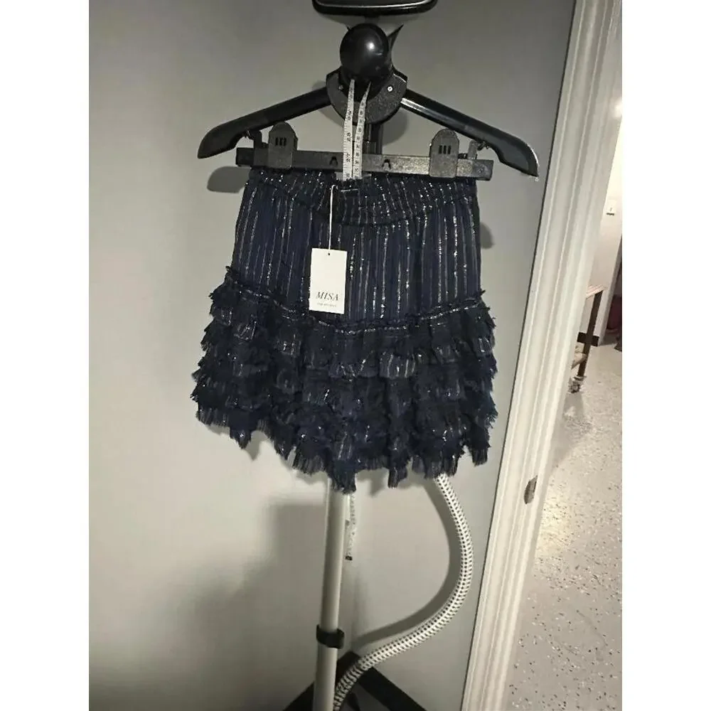 MISA Los Angeles 2 Piece Set XS Navy Metallic Stripe Ruffle Top Skirt Boho